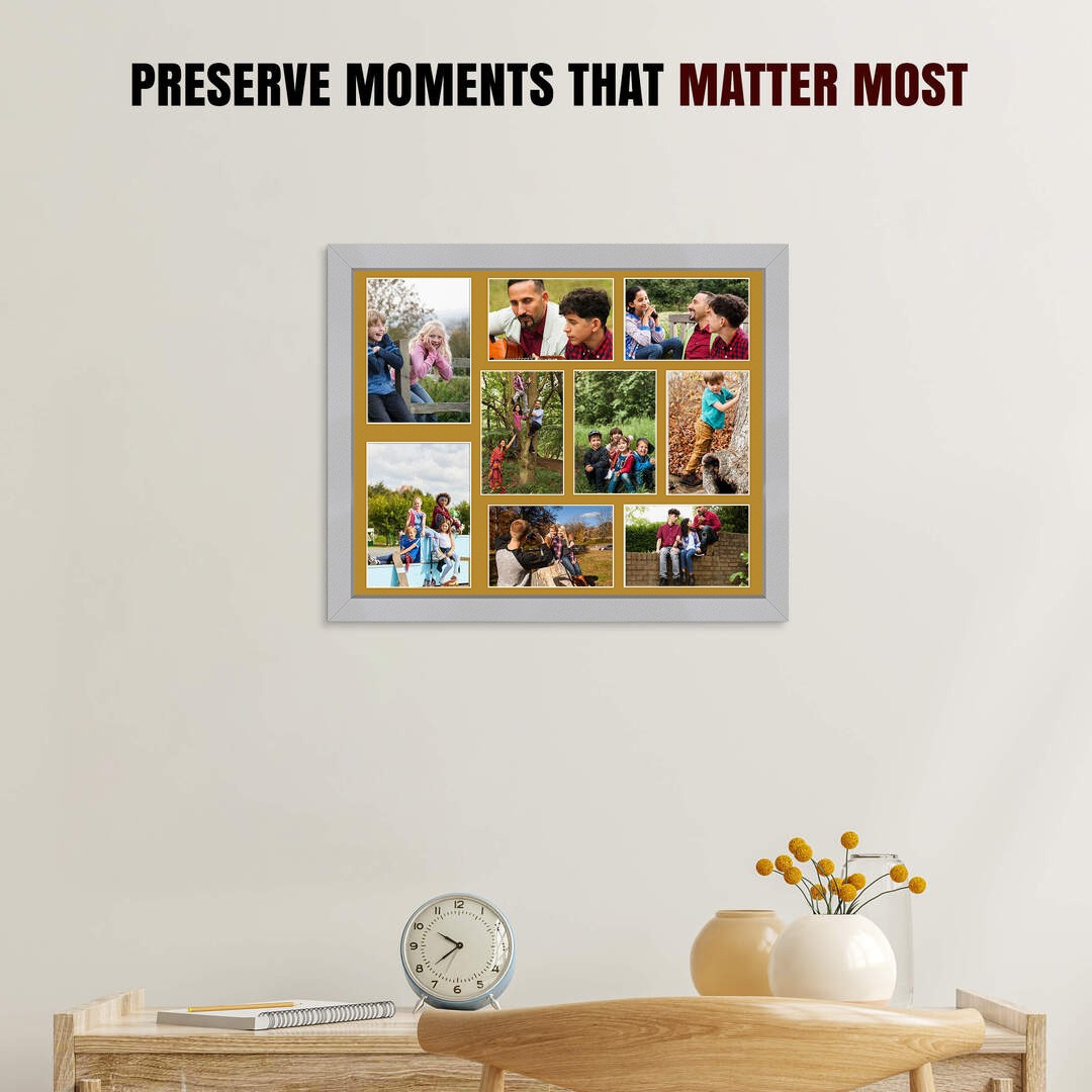20x16" Silver Modern Multi Aperture Photo Frame Holds 7x5" (x2) & 6x4" (x7) Photos With Antique Gold Mount | Modern Collage Frame thumbnail 2
