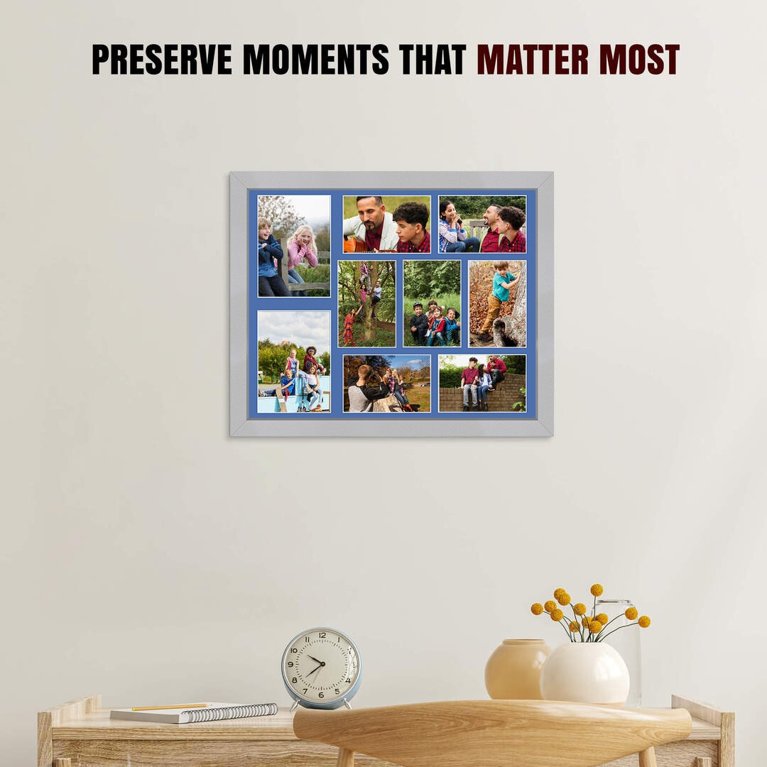 20x16" Silver Modern Multi Aperture Photo Frame Holds 7x5" (x2) & 6x4" (x7) Photos With Pacific Blue Mount | Modern Collage Frame thumbnail 2