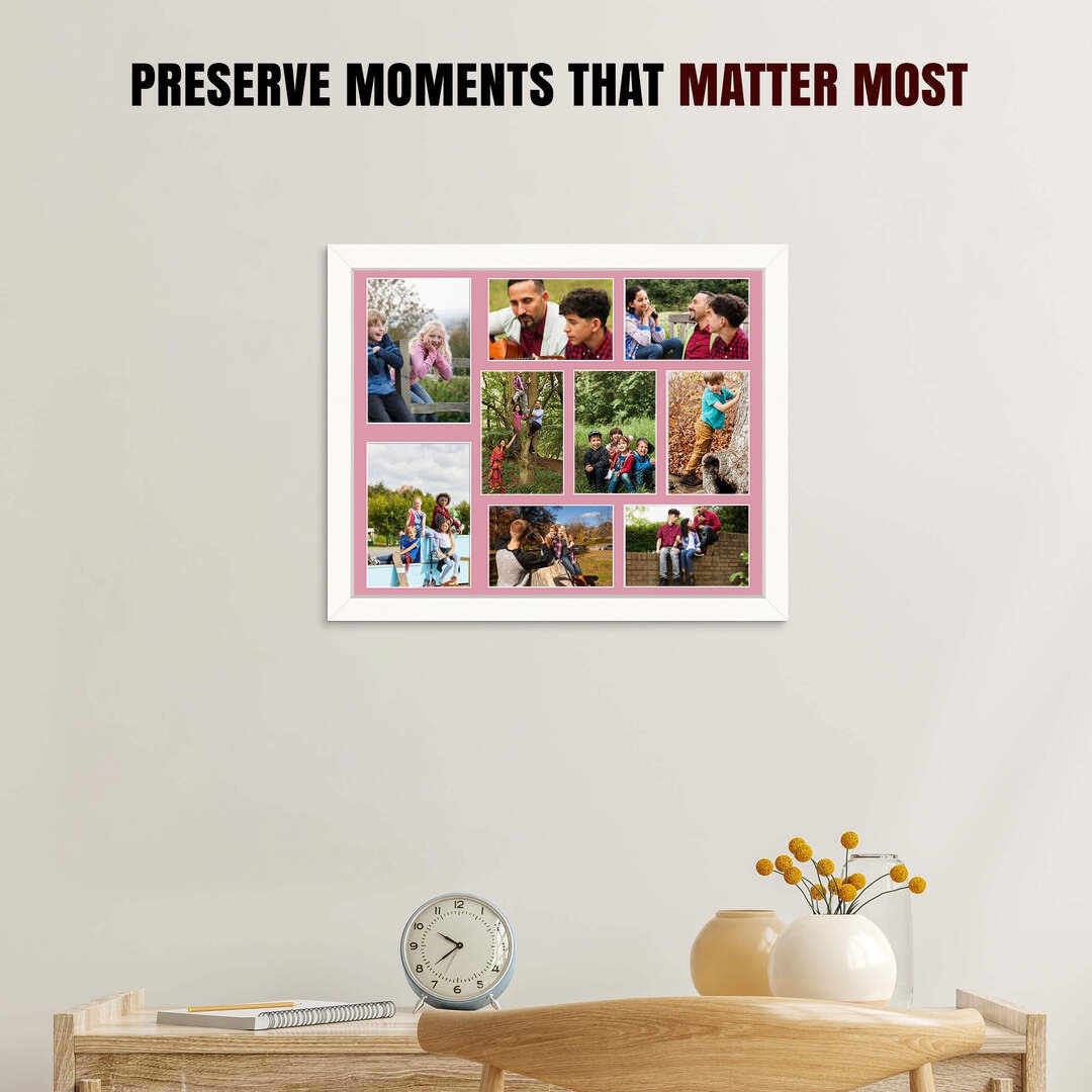 20x16" White Modern Multi Aperture Photo Frame Holds 7x5" (x2) & 6x4" (x7) Photos With Dusty Rose Mount | Modern Collage Frame thumbnail 2