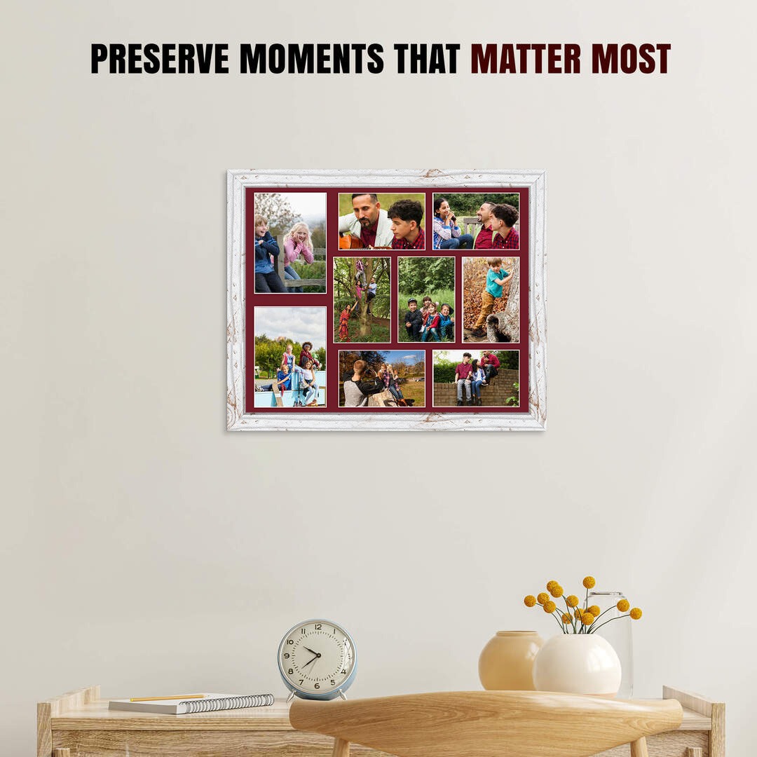 20x16" White Rustic Modern Multi Aperture Photo Frame Holds 7x5" (x2) & 6x4" (x7) Photos With Burgundy Mount | Modern Collage Frame thumbnail 2