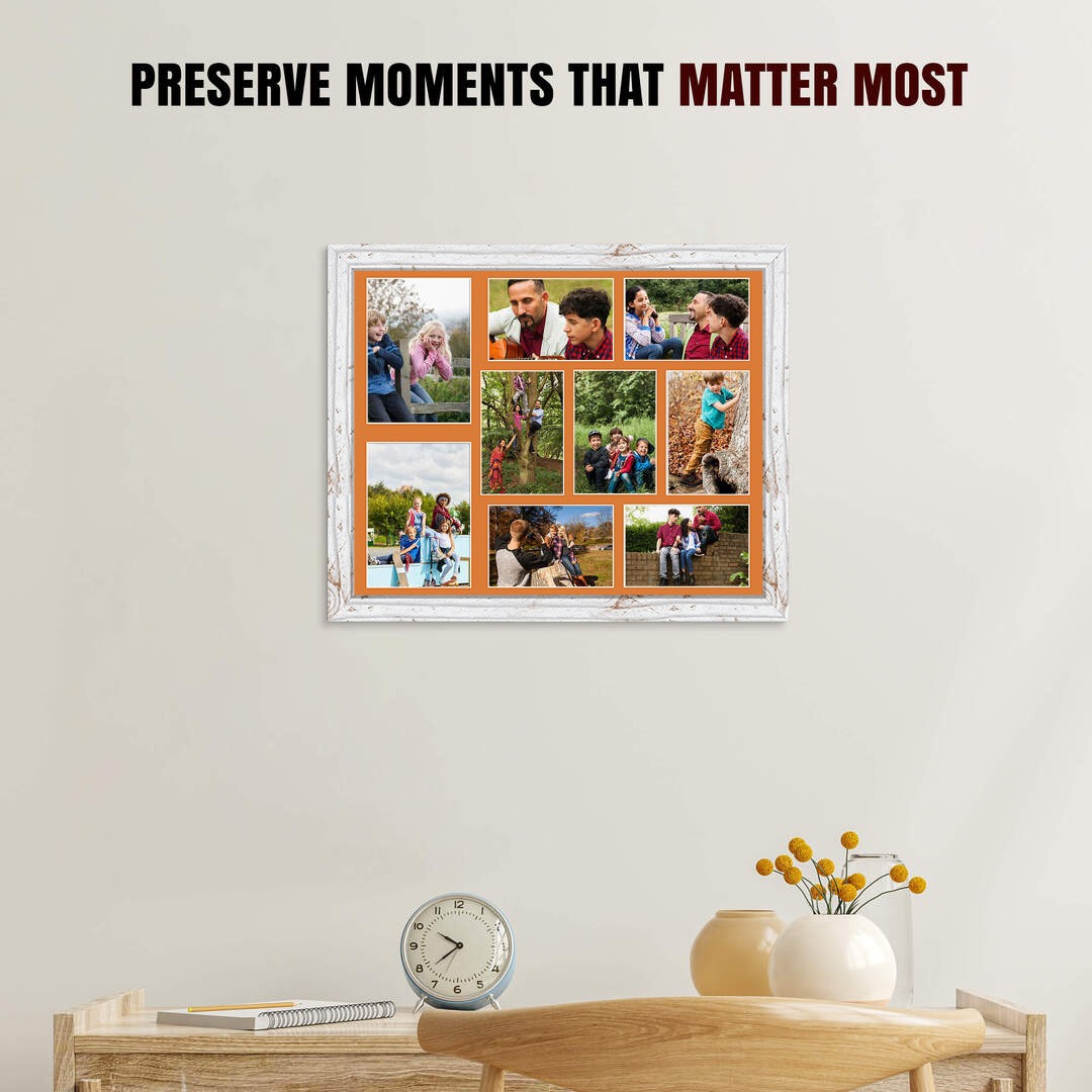 20x16" White Rustic Modern Multi Aperture Photo Frame Holds 7x5" (x2) & 6x4" (x7) Photos With Burnt Orange Mount | Modern Collage Frame thumbnail 2
