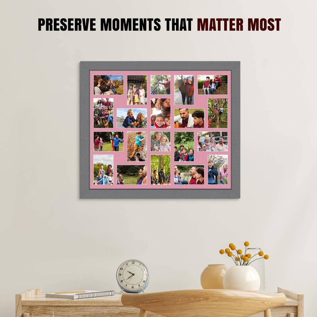 80x70cm Dark Grey Modern Multi Aperture Photo Frame Holds 6x4" (x18) & 4x4" (x2) Photos With Dusty Rose Mount | Modern Collage Frame thumbnail 2