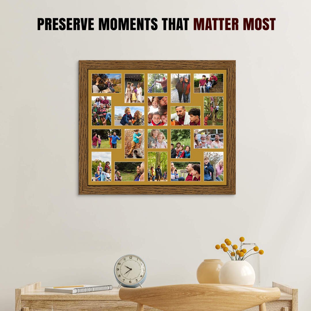 80x70cm Dark Oak Modern Multi Aperture Photo Frame Holds 6x4" (x18) & 4x4" (x2) Photos With Antique Gold Mount | Modern Collage Frame thumbnail 2