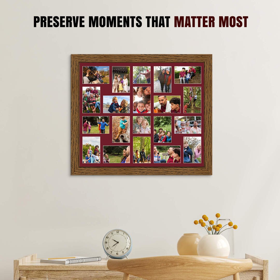 80x70cm Dark Oak Modern Multi Aperture Photo Frame Holds 6x4" (x18) & 4x4" (x2) Photos With Burgundy Mount | Modern Collage Frame thumbnail 2