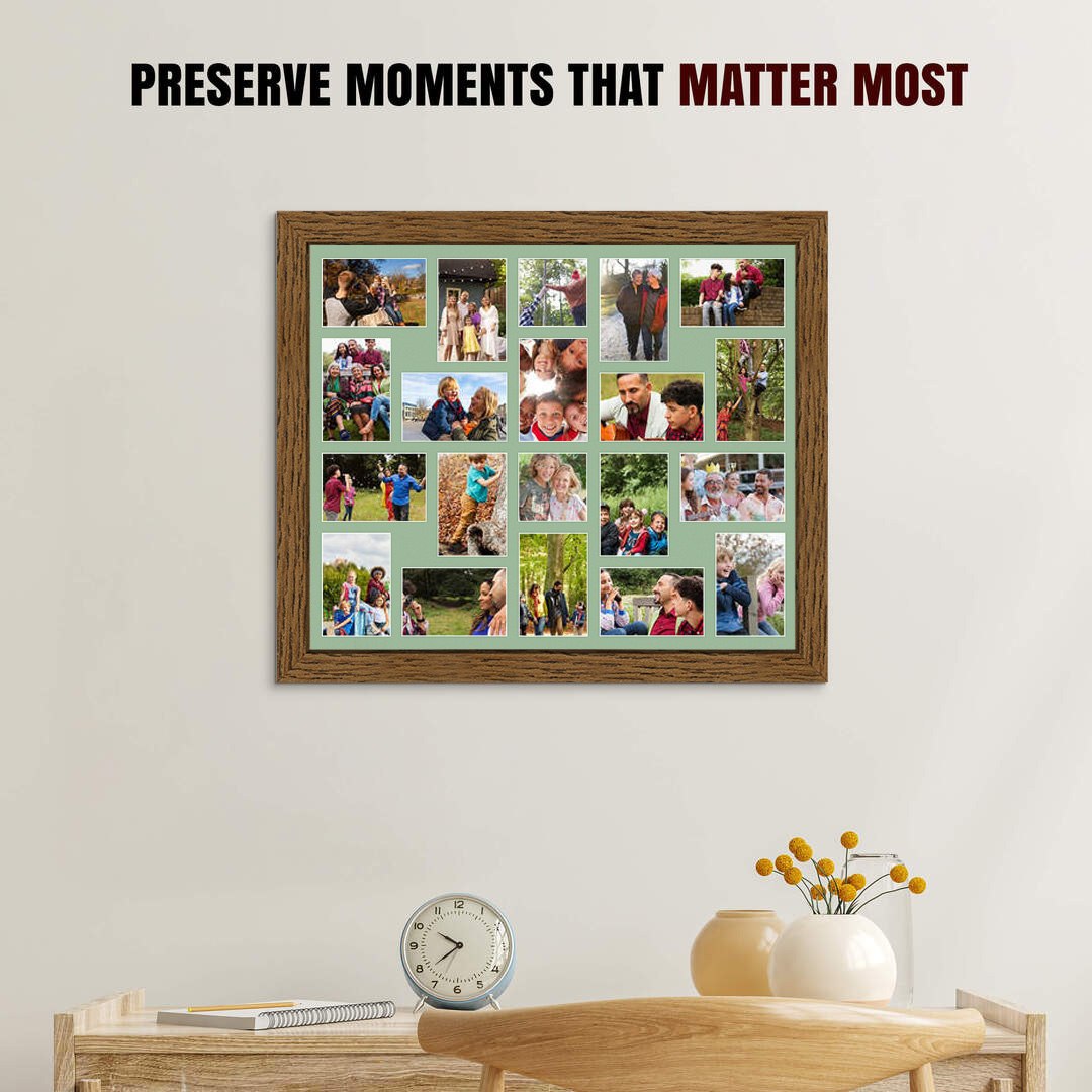 80x70cm Dark Oak Modern Multi Aperture Photo Frame Holds 6x4" (x18) & 4x4" (x2) Photos With Sage Green Mount | Modern Collage Frame thumbnail 2