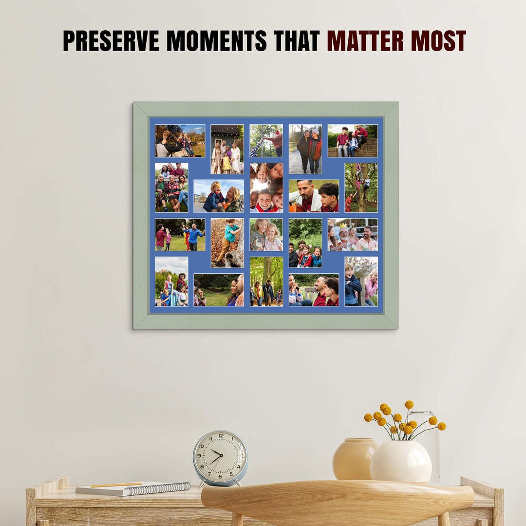 80x70cm Green Modern Multi Aperture Photo Frame Holds 6x4" (x18) & 4x4" (x2) Photos With Pacific Blue Mount | Modern Collage Frame thumbnail 2