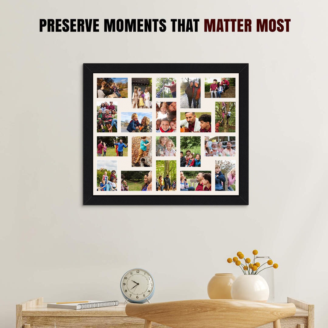 80x70cm Mat Black Modern Multi Aperture Photo Frame Holds 6x4" (x18) & 4x4" (x2) Photos With Antique White Mount | Modern Collage Frame thumbnail 2