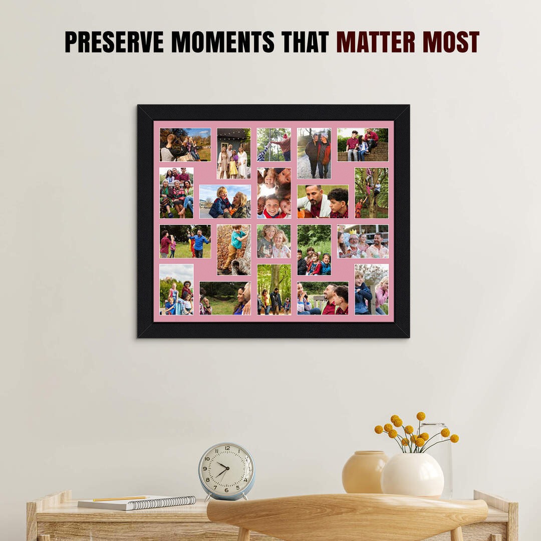80x70cm Mat Black Modern Multi Aperture Photo Frame Holds 6x4" (x18) & 4x4" (x2) Photos With Dusty Rose Mount | Modern Collage Frame thumbnail 2