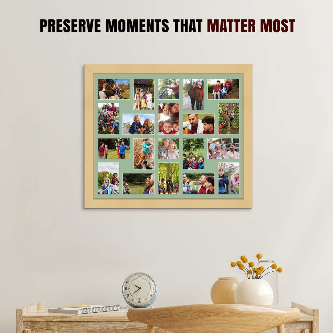80x70cm Mustard Yellow Modern Multi Aperture Photo Frame Holds 6x4" (x18) & 4x4" (x2) Photos With Sage Green Mount | Modern Collage Frame thumbnail 2