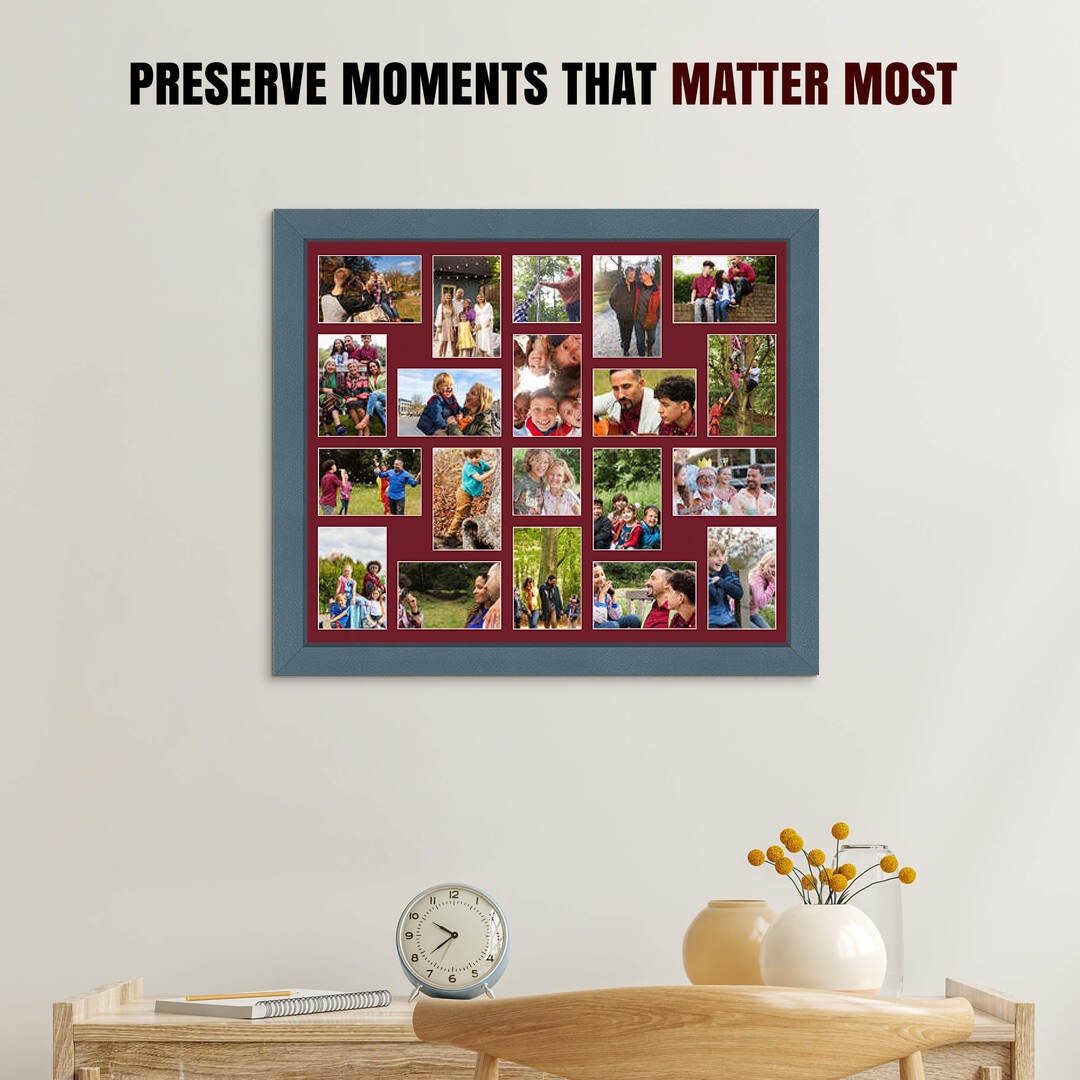 80x70cm Navy Blue Modern Multi Aperture Photo Frame Holds 6x4" (x18) & 4x4" (x2) Photos With Burgundy Mount | Modern Collage Frame thumbnail 2