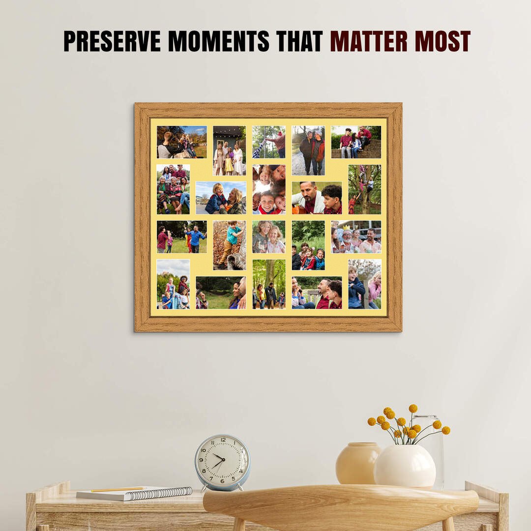 80x70cm Oak Modern Multi Aperture Photo Frame Holds 6x4" (x18) & 4x4" (x2) Photos With Primrose Mount | Modern Collage Frame thumbnail 2