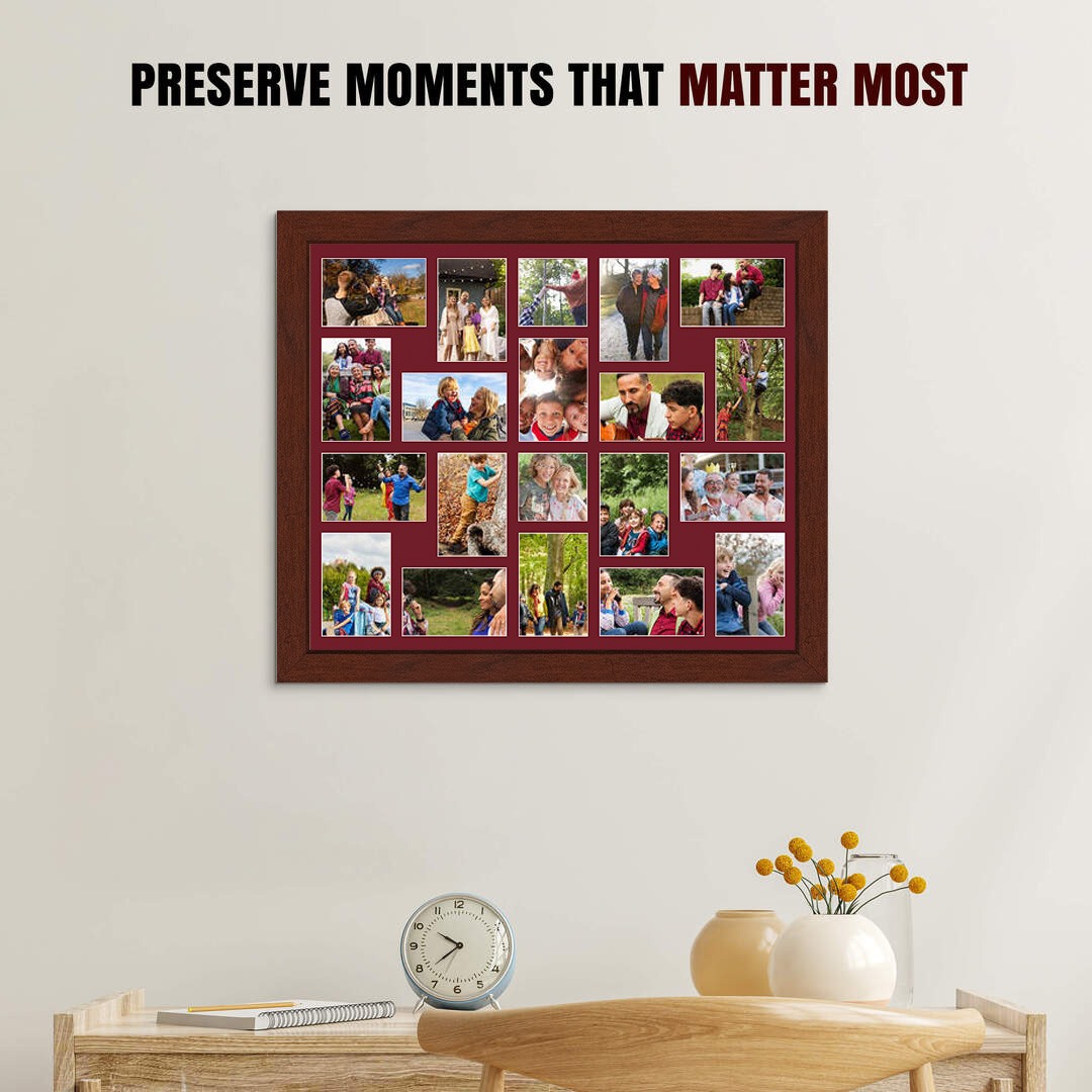 80x70cm Modern Rose Wood Multi Aperture Photo Frame - Fits 6x4" (x18) & 4x4" (x2) Photos | Collage Frame thumbnail 2