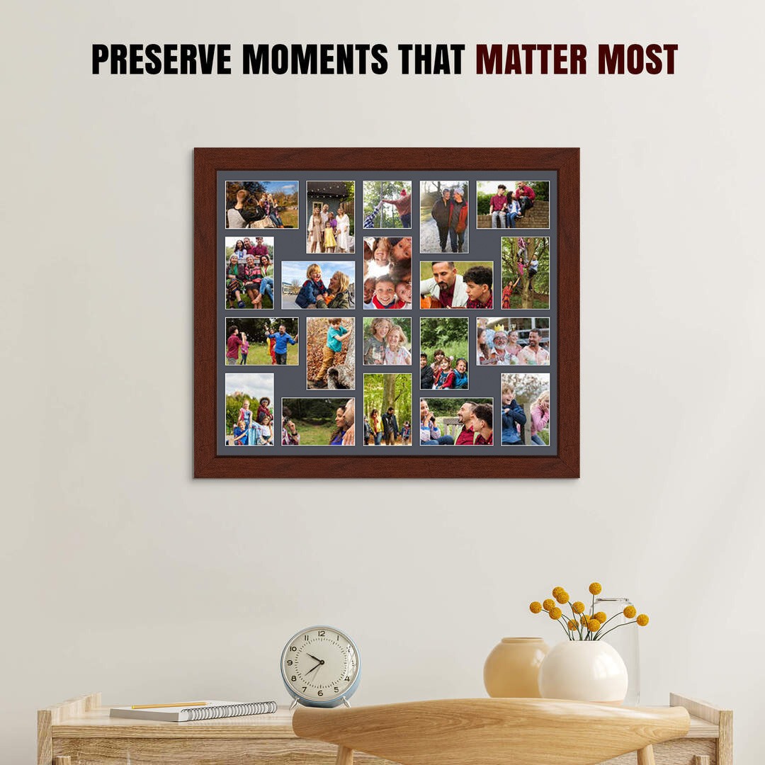 80x70cm Rose Wood Modern Multi Aperture Photo Frame Holds 6x4" (x18) & 4x4" (x2) Photos With Charcoal Grey Mount | Modern Collage Frame thumbnail 2