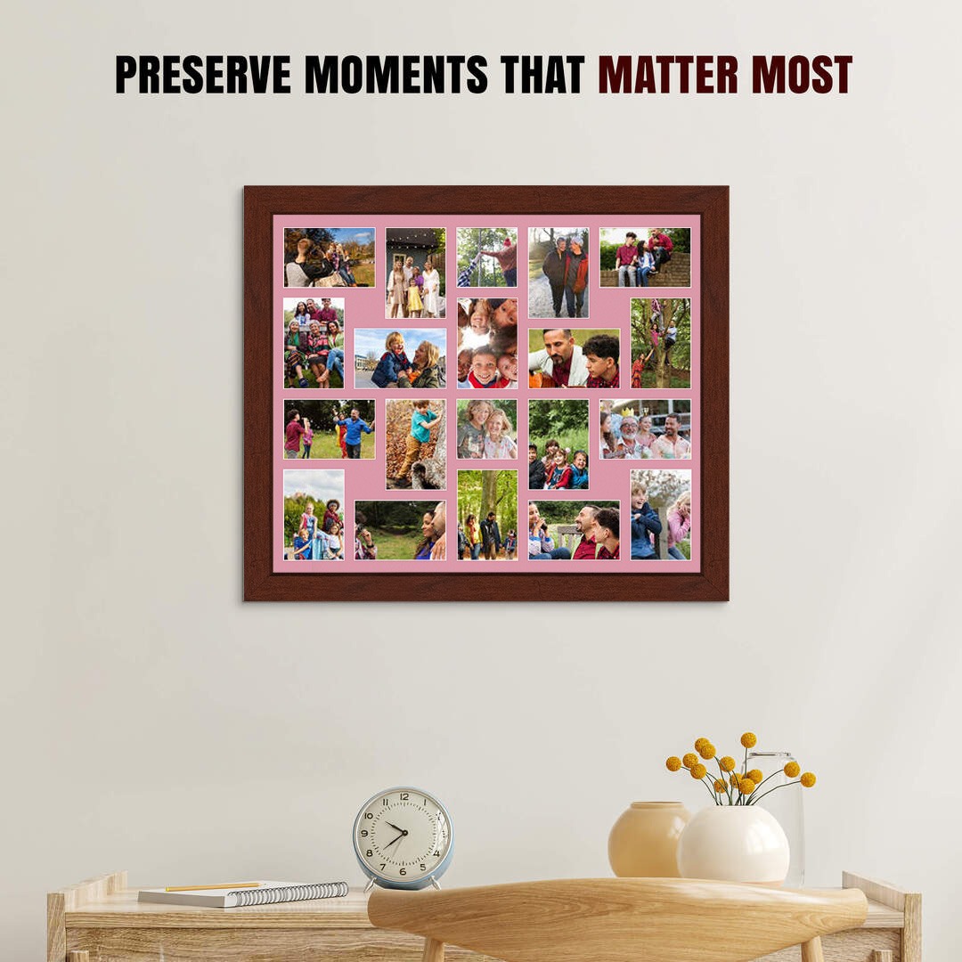 80x70cm Modern Rose Wood Multi Aperture Photo Frame - Fits 6x4" (x18) & 4x4" (x2) Photos | Collage Frame thumbnail 2