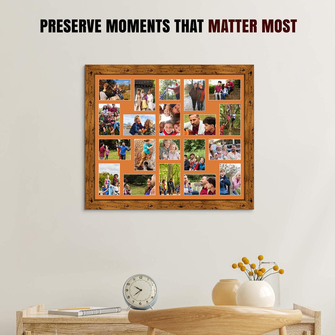 80x70cm Rustic Oak Modern Multi Aperture Photo Frame Holds 6x4" (x18) & 4x4" (x2) Photos With Burnt Orange Mount | Modern Collage Frame thumbnail 2