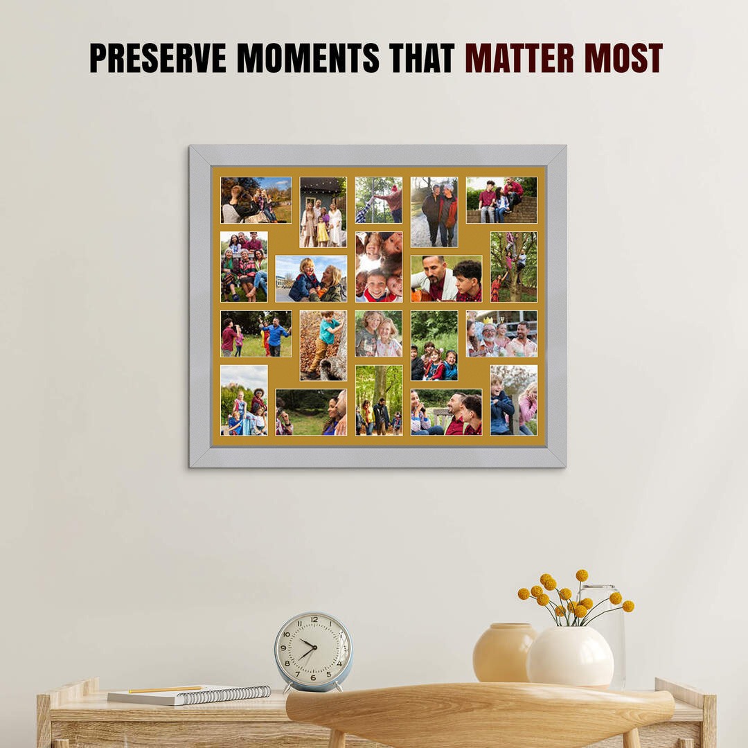 80x70cm Silver Modern Multi Aperture Photo Frame Holds 6x4" (x18) & 4x4" (x2) Photos With Antique Gold Mount | Modern Collage Frame thumbnail 2