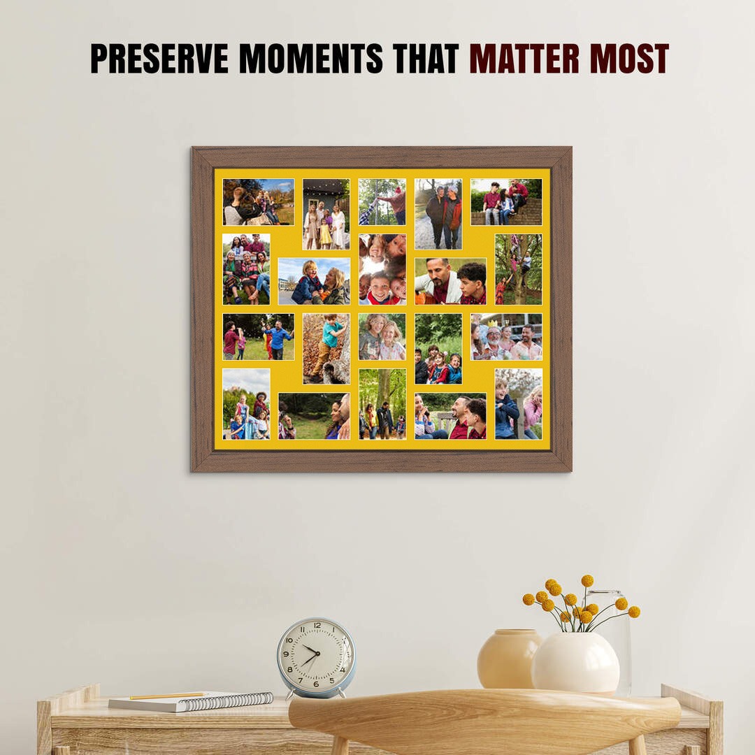 80x70cm Walnut Modern Multi Aperture Photo Frame Holds 6x4" (x18) & 4x4" (x2) Photos With Bright Yellow Mount | Modern Collage Frame thumbnail 2