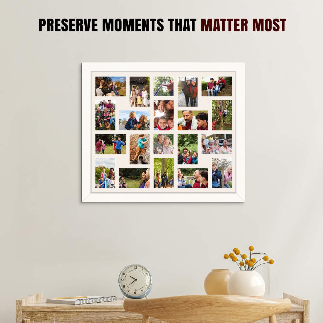 80x70cm White Modern Multi Aperture Photo Frame Holds 6x4" (x18) & 4x4" (x2) Photos With Antique White Mount | Modern Collage Frame thumbnail 2