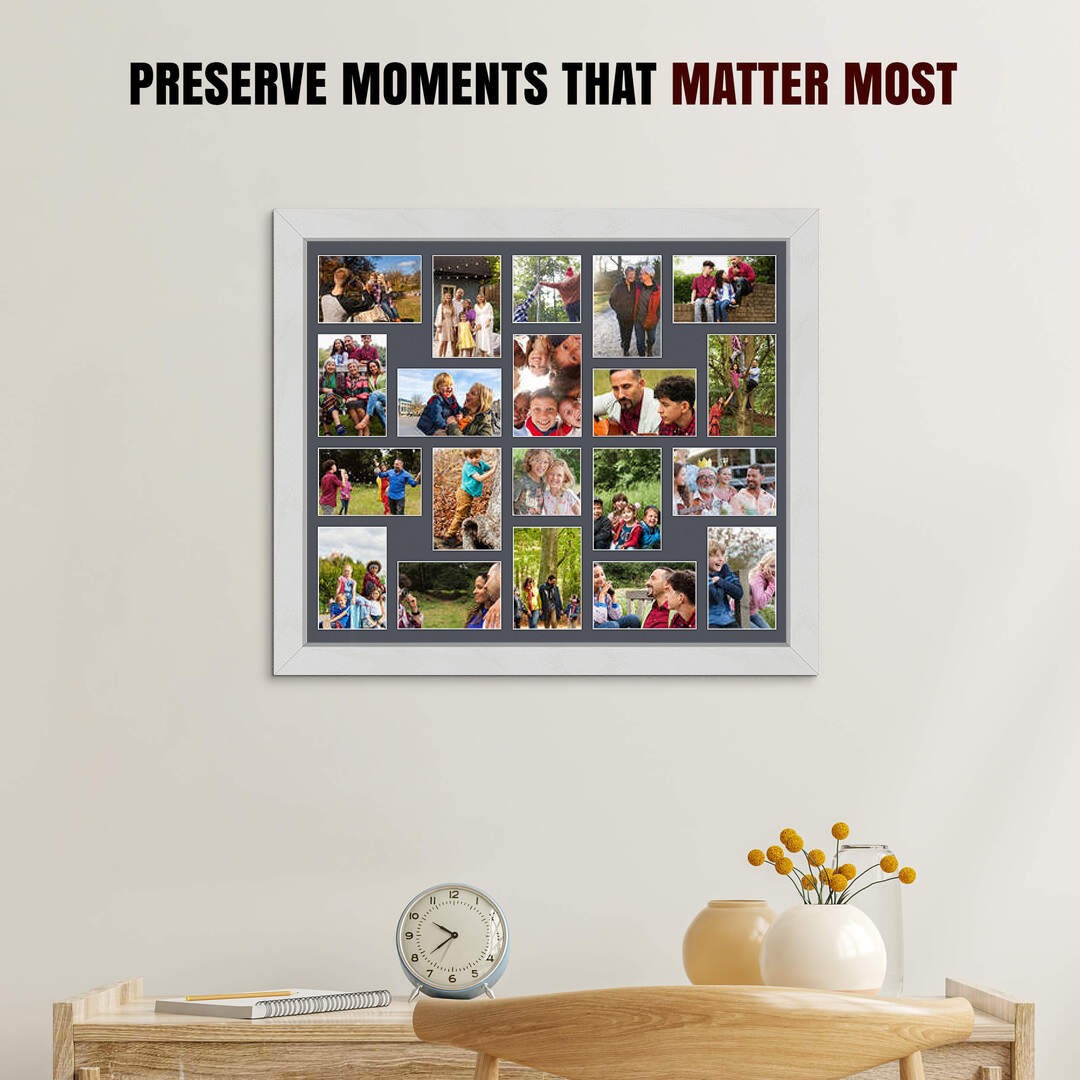 80x70cm Ash White Modern Multi Aperture Photo Frame Holds 6x4" (x18) & 4x4" (x2) Photos With Charcoal Grey Mount | Modern Collage Frame thumbnail 2