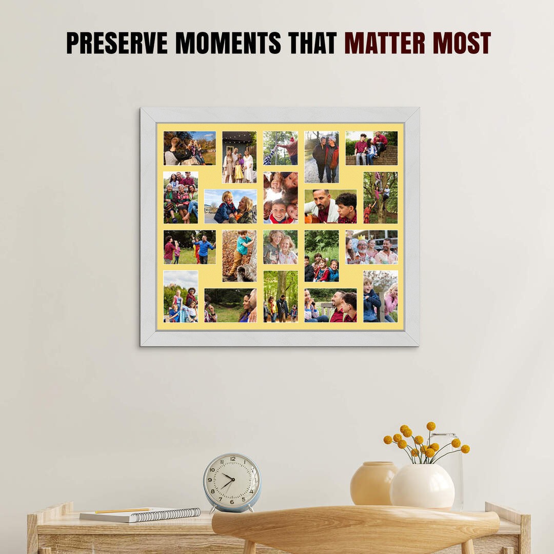 80x70cm Ash White Modern Multi Aperture Photo Frame Holds 6x4" (x18) & 4x4" (x2) Photos With Primrose Mount | Modern Collage Frame thumbnail 2