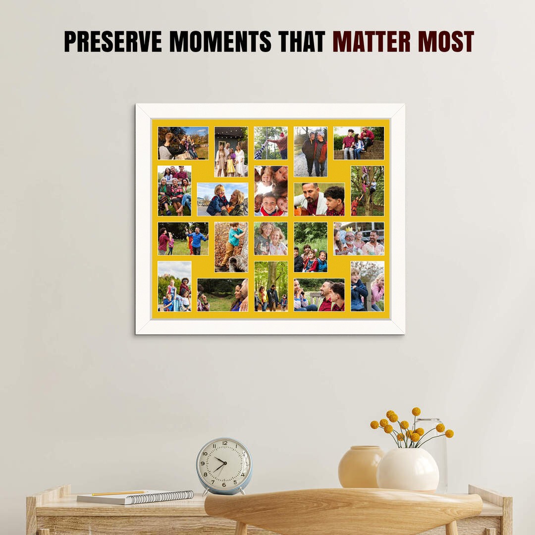 80x70cm White Modern Multi Aperture Photo Frame Holds 6x4" (x18) & 4x4" (x2) Photos With Bright Yellow Mount | Modern Collage Frame thumbnail 2