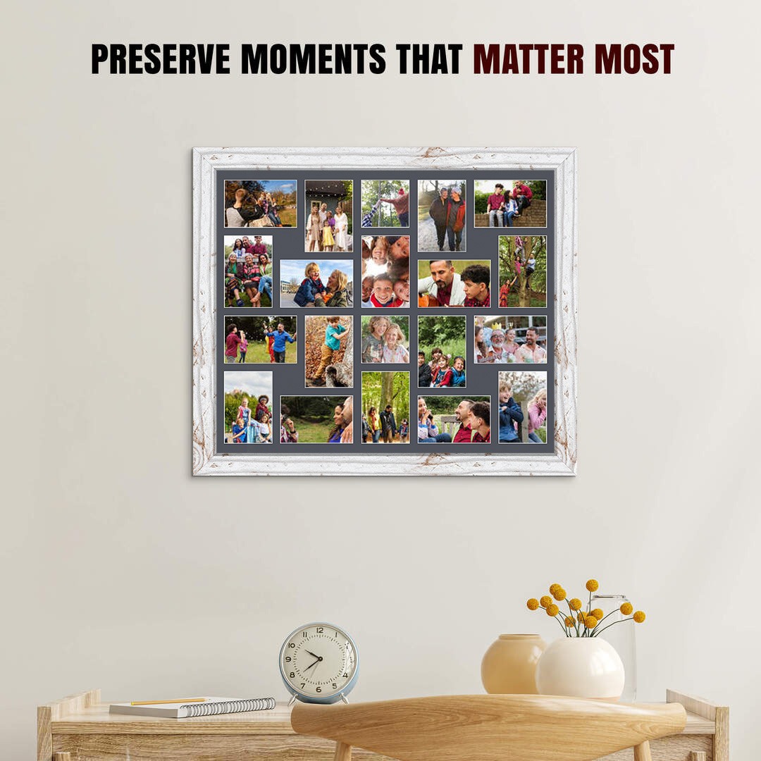 80x70cm White Rustic Modern Multi Aperture Photo Frame Holds 6x4" (x18) & 4x4" (x2) Photos With Charcoal Grey Mount | Modern Collage Frame thumbnail 2