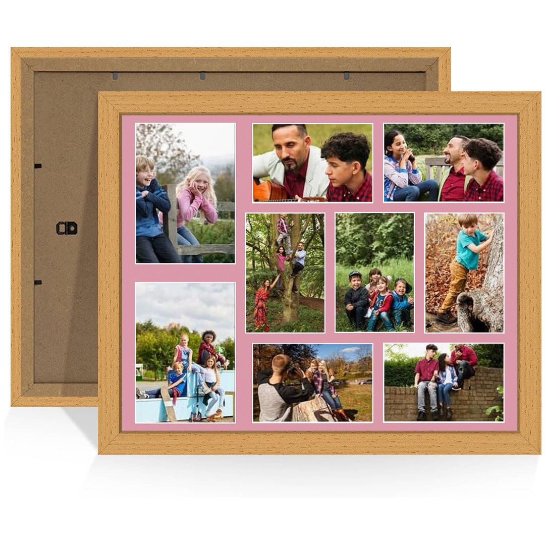 20x16" Country Pine Modern Multi Aperture Photo Frame Holds 7x5" (x2) & 6x4" (x7) Photos With Dusty Rose Mount | Modern Collage Frame