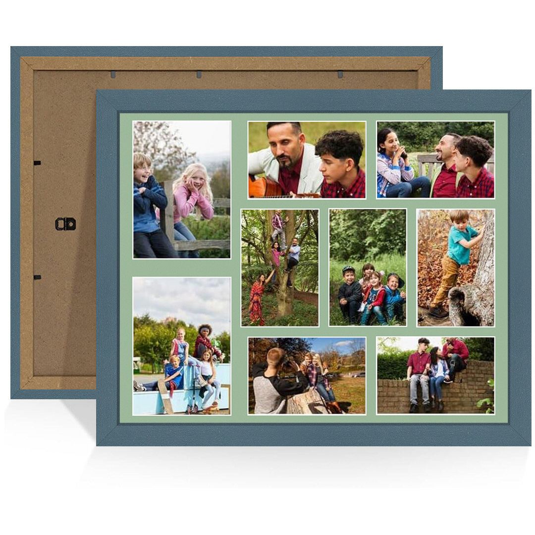 20x16" Navy Blue Modern Multi Aperture Photo Frame Holds 7x5" (x2) & 6x4" (x7) Photos With Sage Green Mount | Modern Collage Frame