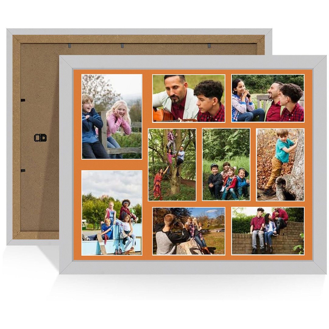 20x16" Silver Modern Multi Aperture Photo Frame Holds 7x5" (x2) & 6x4" (x7) Photos With Burnt Orange Mount | Modern Collage Frame