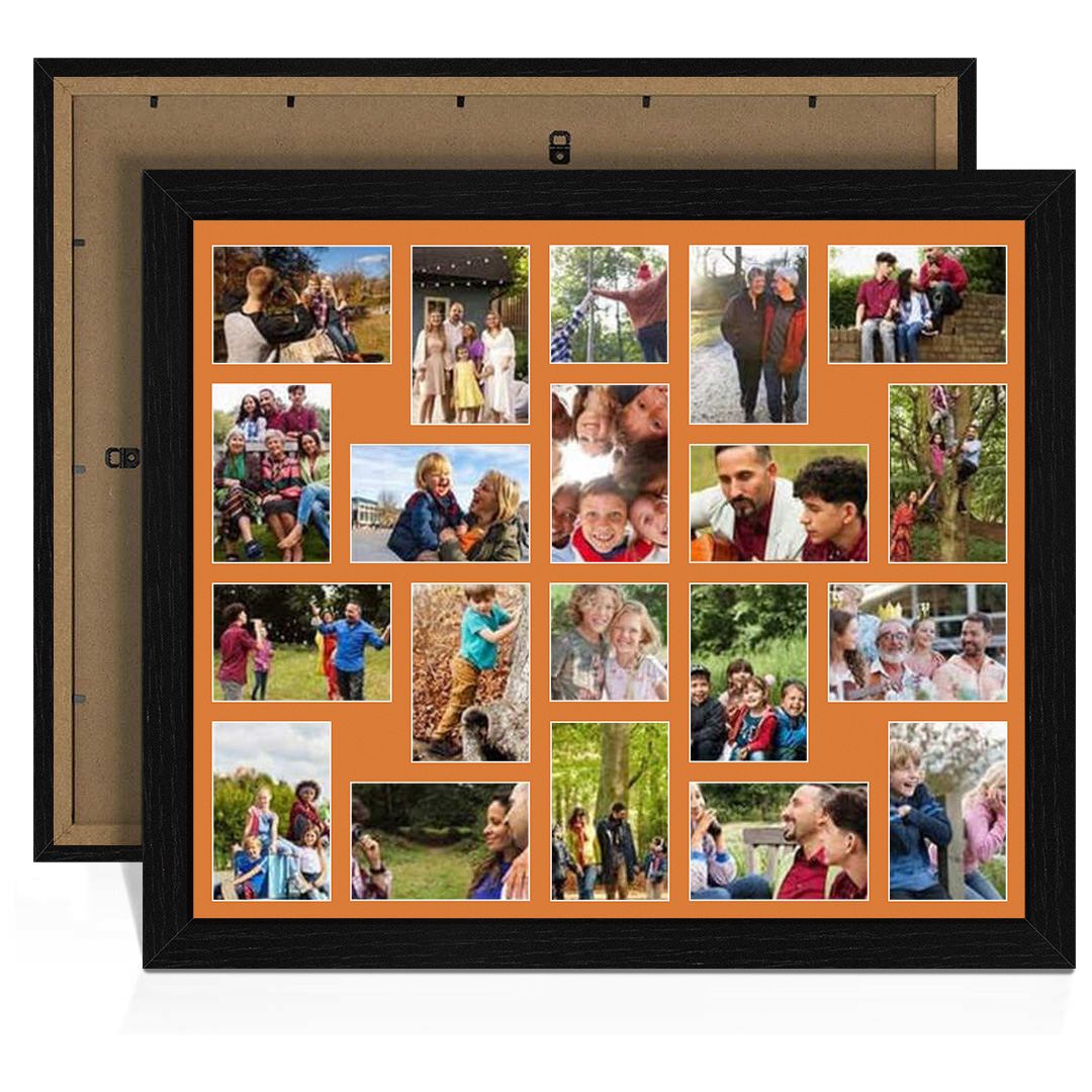 80x70cm Black Modern Multi Aperture Photo Frame Holds 6x4" (x18) & 4x4" (x2) Photos With Burnt Orange Mount | Modern Collage Frame