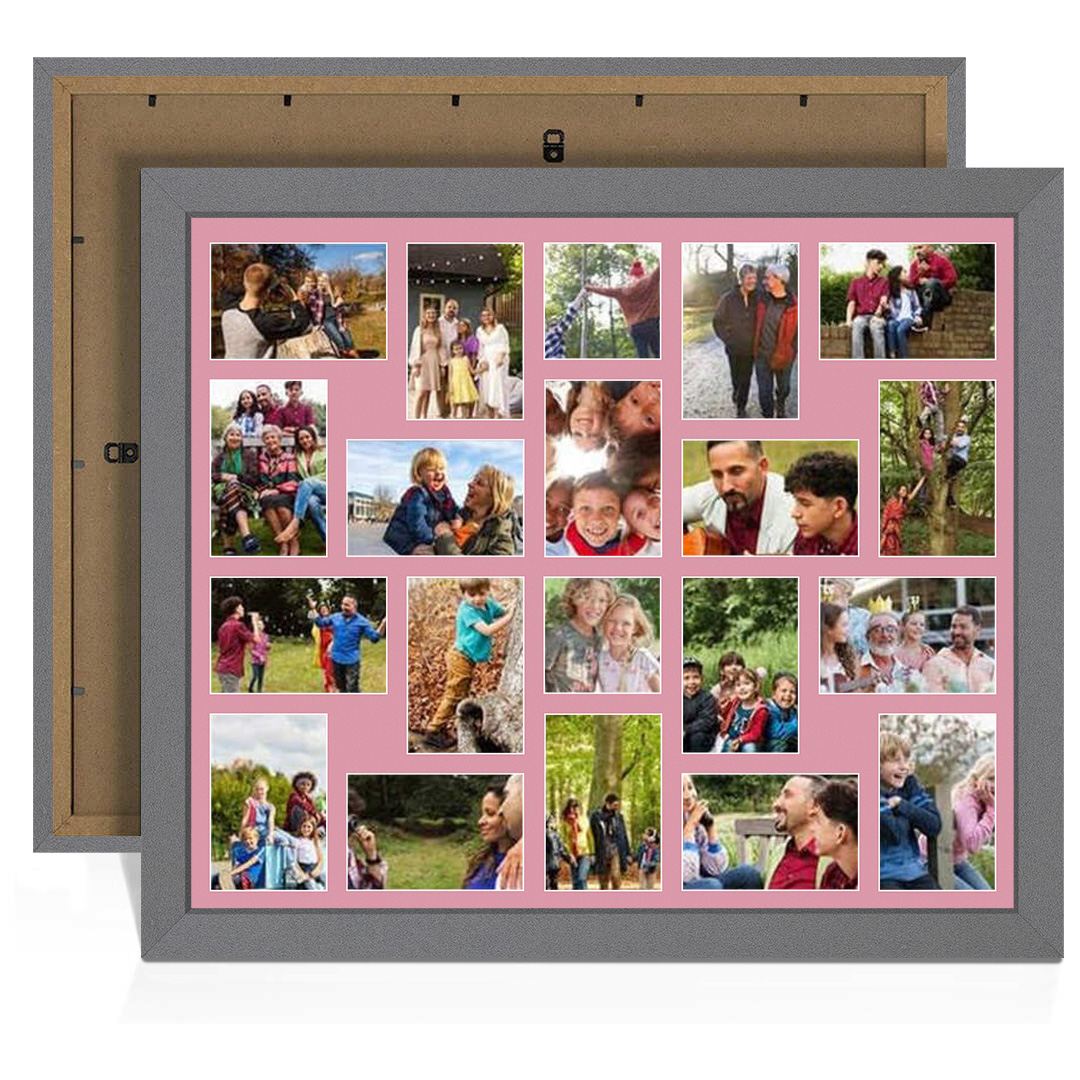 80x70cm Dark Grey Modern Multi Aperture Photo Frame Holds 6x4" (x18) & 4x4" (x2) Photos With Dusty Rose Mount | Modern Collage Frame
