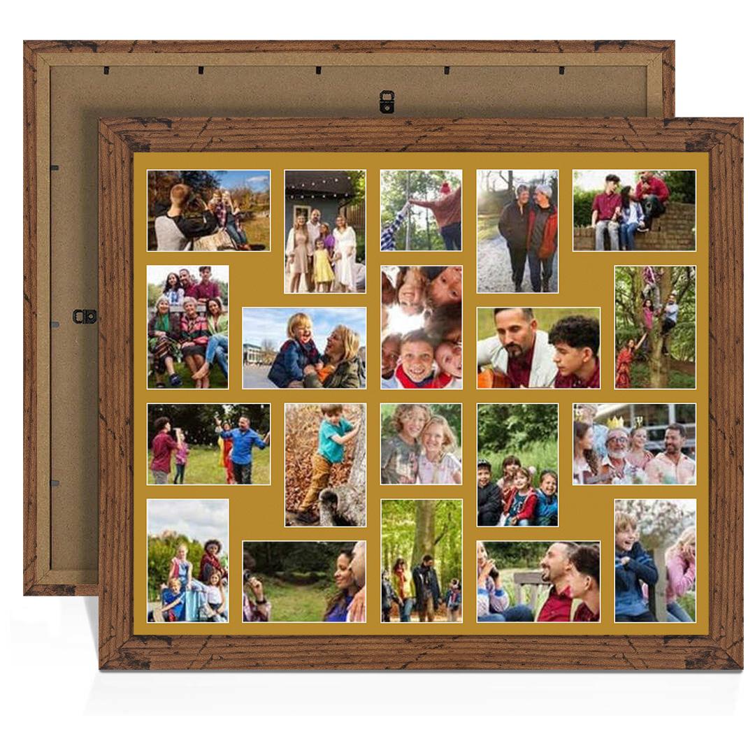 80x70cm Dark Oak Modern Multi Aperture Photo Frame Holds 6x4" (x18) & 4x4" (x2) Photos With Antique Gold Mount | Modern Collage Frame