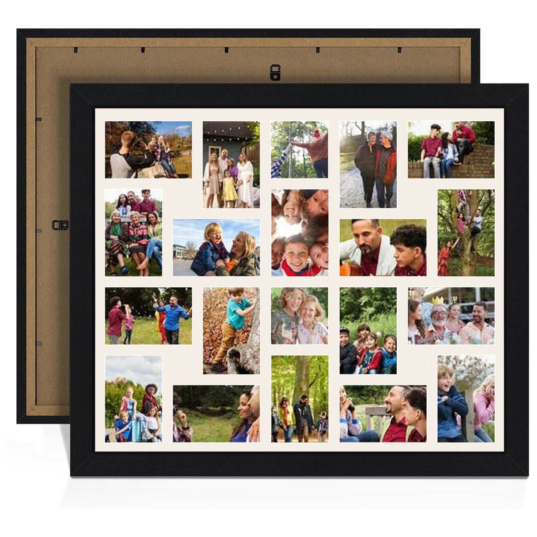 80x70cm Mat Black Modern Multi Aperture Photo Frame Holds 6x4" (x18) & 4x4" (x2) Photos With Antique White Mount | Modern Collage Frame