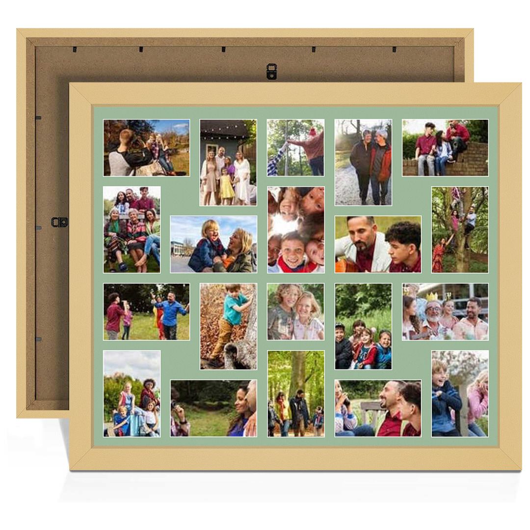 80x70cm Mustard Yellow Modern Multi Aperture Photo Frame Holds 6x4" (x18) & 4x4" (x2) Photos With Sage Green Mount | Modern Collage Frame