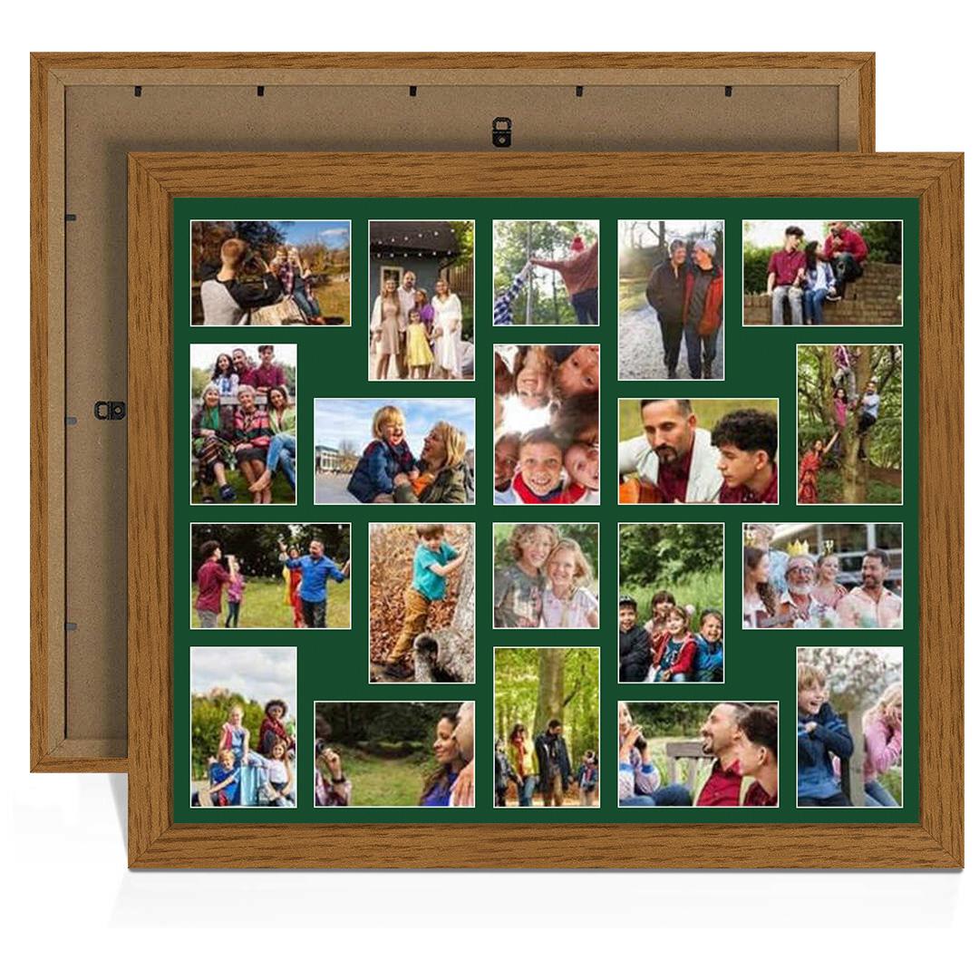 80x70cm Oak Modern Multi Aperture Photo Frame Holds 6x4" (x18) & 4x4" (x2) Photos With Forest Green Mount | Modern Collage Frame