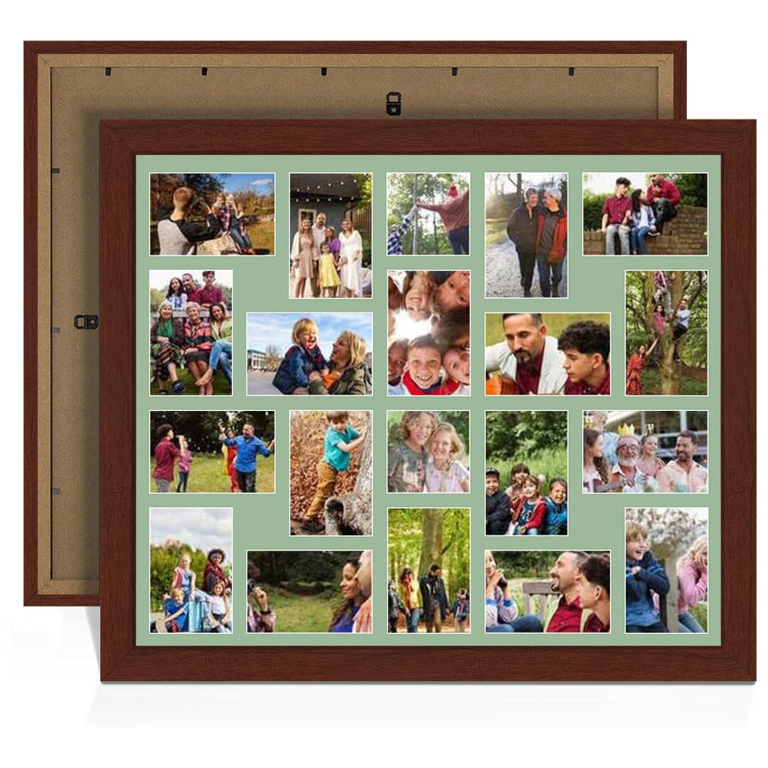 80x70cm Rose Wood Modern Multi Aperture Photo Frame Holds 6x4" (x18) & 4x4" (x2) Photos With Sage Green Mount | Modern Collage Frame