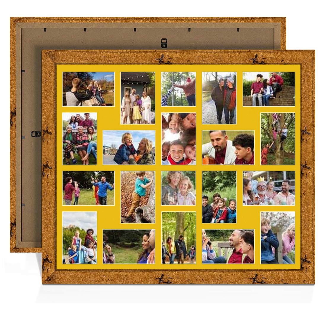 80x70cm Rustic Oak Modern Multi Aperture Photo Frame Holds 6x4" (x18) & 4x4" (x2) Photos With Bright Yellow Mount | Modern Collage Frame