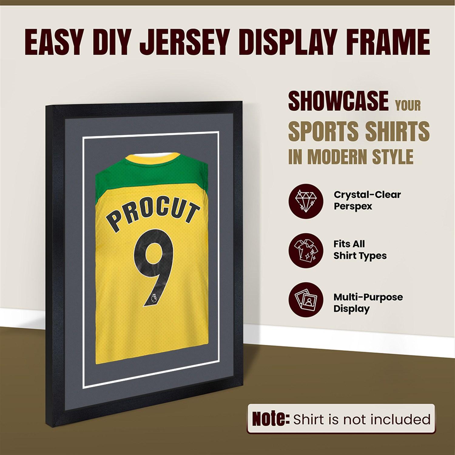 70x50cm Mat Black Football Shirt Frame With Charcoal Grey Mount And Perspex Front For Sports Jerseys thumbnail 8