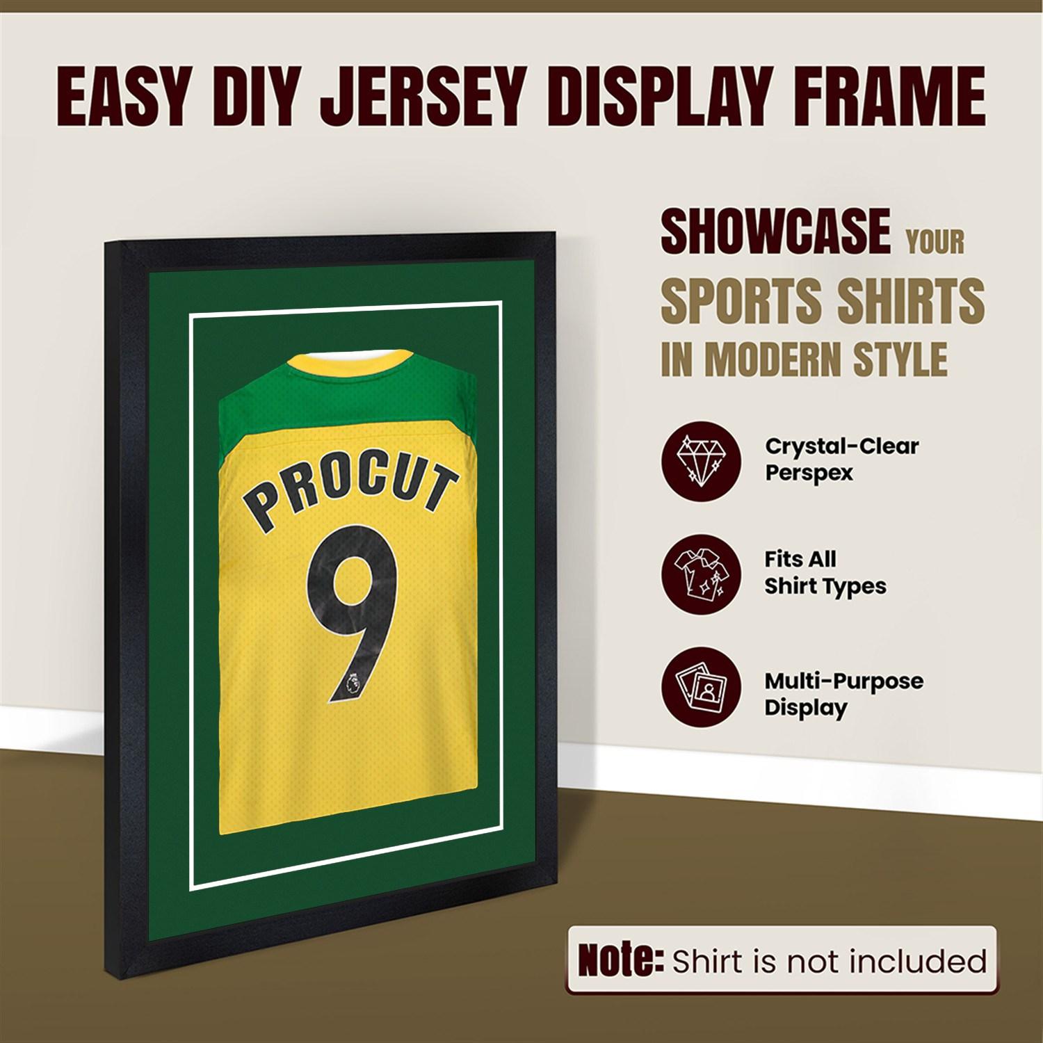 70x50cm Mat Black Football Shirt Frame With Forest Green Mount And Perspex Front For Sports Jerseys thumbnail 8
