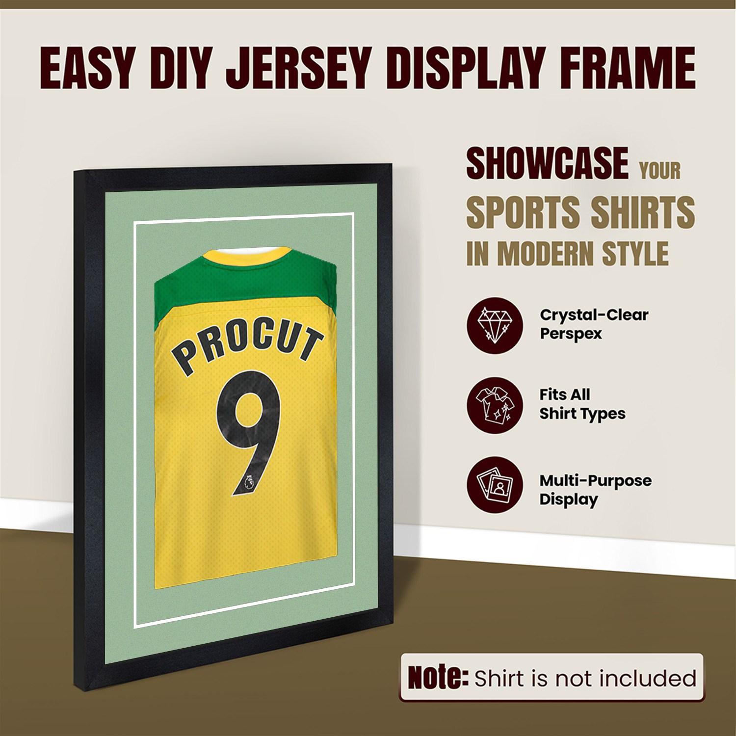 70x50cm Mat Black Football Shirt Frame With Sage Green Mount And Perspex Front For Sports Jerseys thumbnail 8