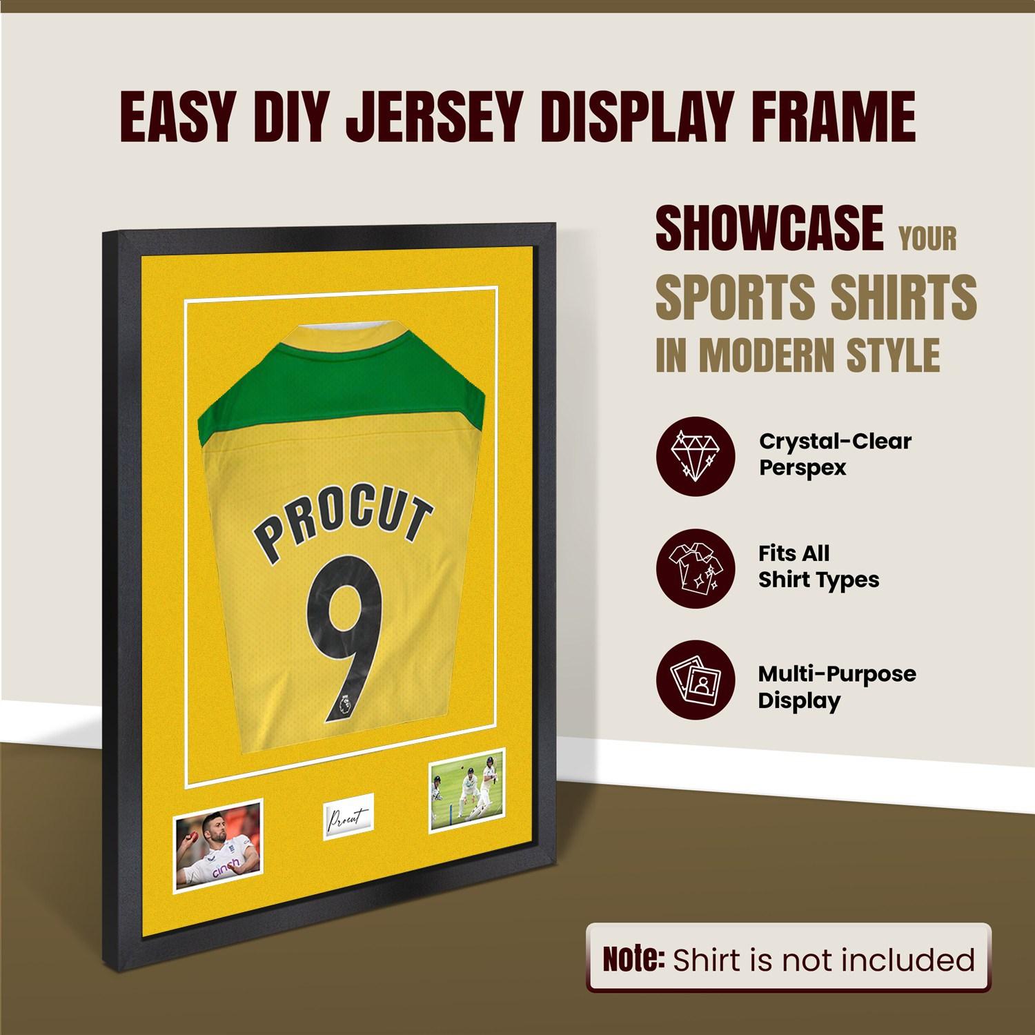 77.5x58.5cm Mat Black Football Shirt Frame With Bright Yellow Mount And Perspex Front - Fits Football, Rugby, And Other Sports Jerseys thumbnail 8
