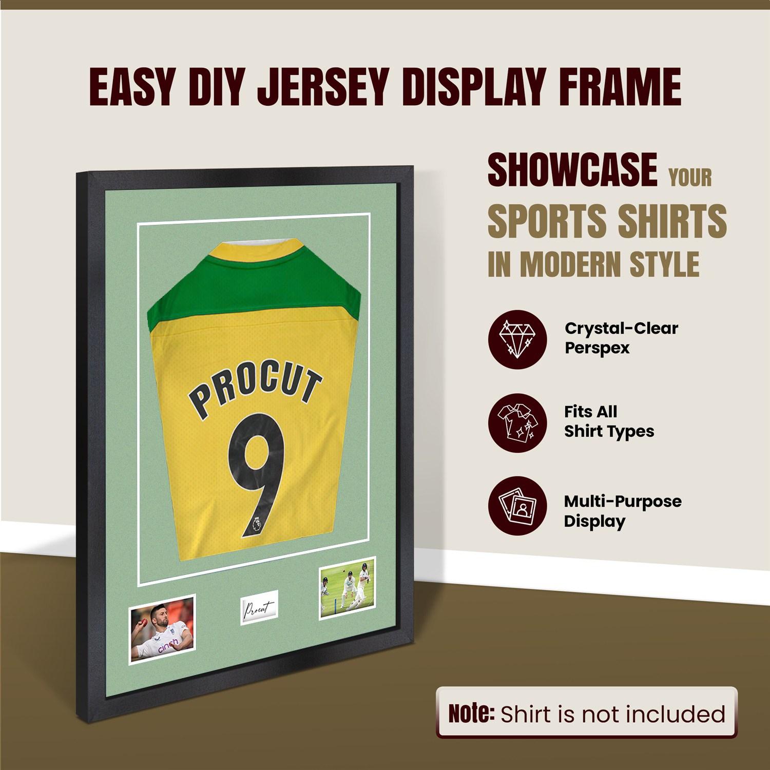 77.5x58.5cm Mat Black Football Shirt Frame With Sage Green Mount And Perspex Front - Fits Football, Rugby, And Other Sports Jerseys thumbnail 8