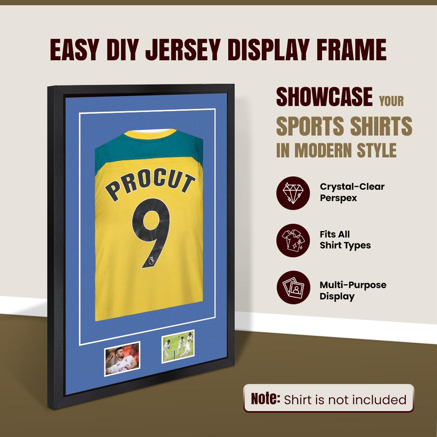 90x60cm Mat Black Football Shirt Frame With Pacific Blue Mount And Perspex Front - Fits Football, Rugby, And Other Sports Jerseys thumbnail 8