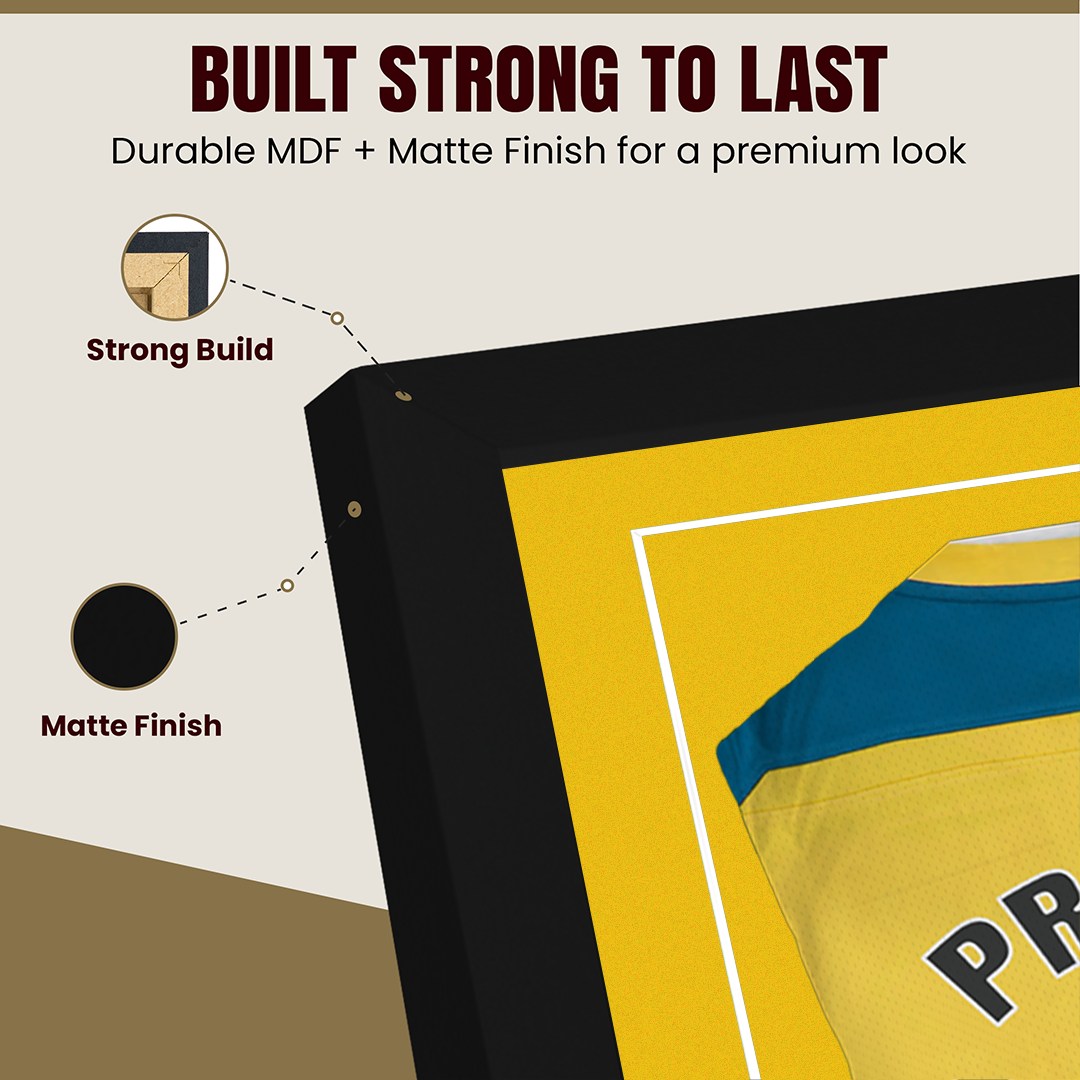 77.5x58.5cm Mat Black Football Shirt Frame With Bright Yellow Mount And Perspex Front - Fits Football, Rugby, And Other Sports Jerseys thumbnail 7