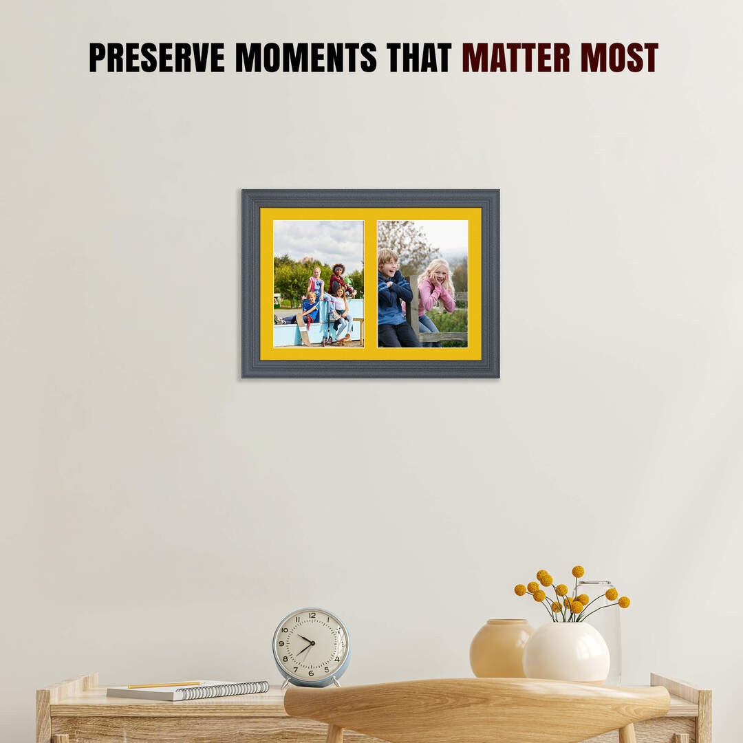 20x14" Dark Grey Classic Multi Aperture Photo Frame Holds A4 (x2) Photos With Bright Yellow Mount | Modern Collage Frame thumbnail 2