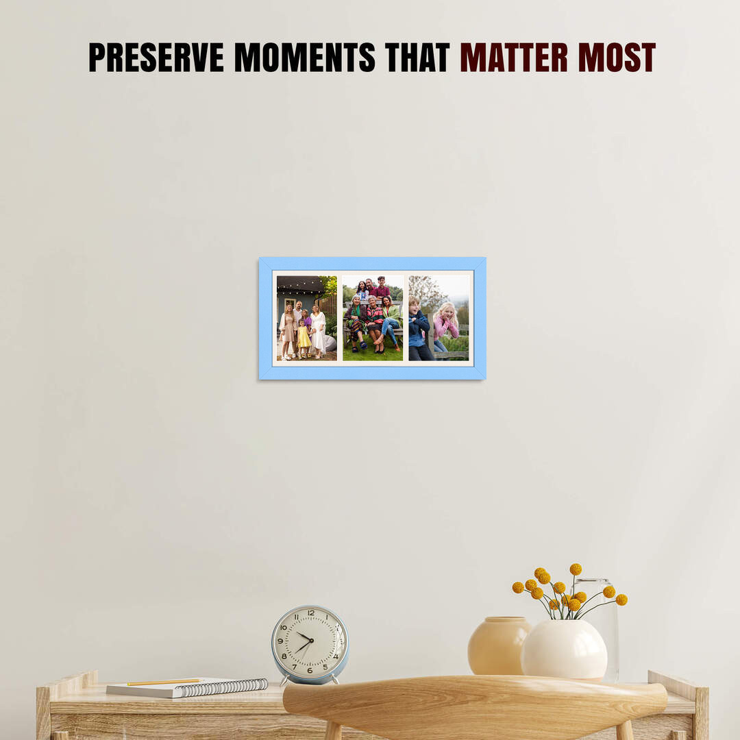 16x8" Baby Blue Modern Multi Aperture Photo Frame Holds 7x5" (x3) Photos With Antique White Mount | Modern Collage Frame thumbnail 2