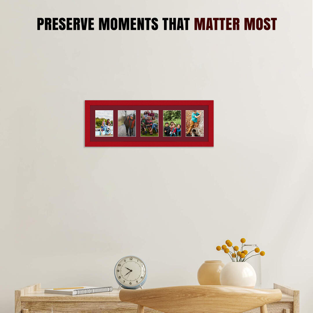 26x8" Red Modern Multi Aperture Photo Frame Holds 6x4" (x5) Photos With Burgundy Mount | Modern Collage Frame thumbnail 2