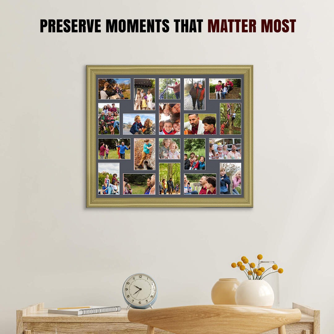 80x70cm Gold Classic Multi Aperture Photo Frame Holds 6x4" (x18) & 4x4" (x2) Photos With Charcoal Grey Mount | Modern Collage Frame thumbnail 2