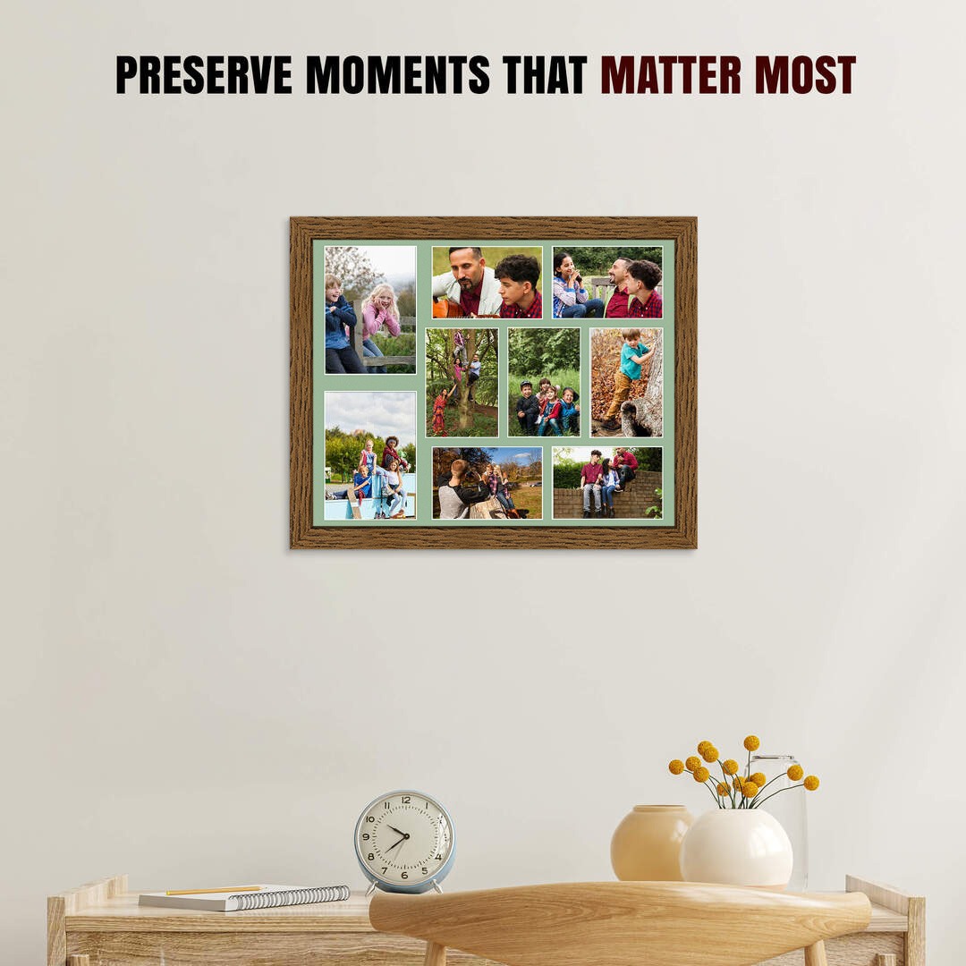 20x16" Dark Oak Modern Multi Aperture Photo Frame Holds 7x5" (x2) & 6x4" (x7) Photos With Sage Green Mount | Modern Collage Frame thumbnail 2