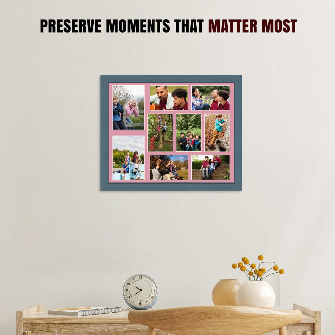 20x16" Navy Blue Modern Multi Aperture Photo Frame Holds 7x5" (x2) & 6x4" (x7) Photos With Dusty Rose Mount | Modern Collage Frame thumbnail 2
